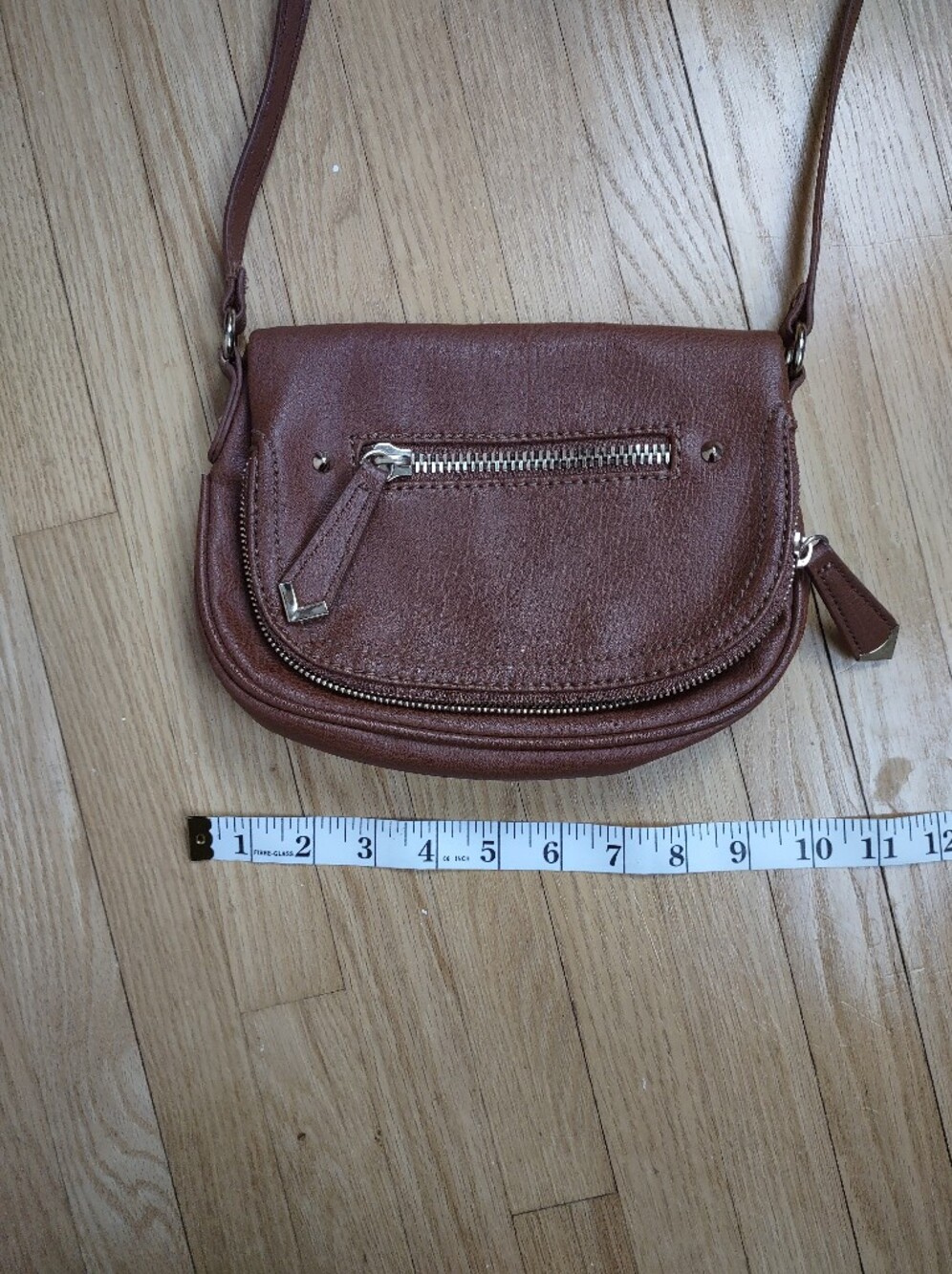 ALDO Cognac Brown Crossbody Bag | Double Zip Mini Purse | Gold Hardware - Picture 7 of 8